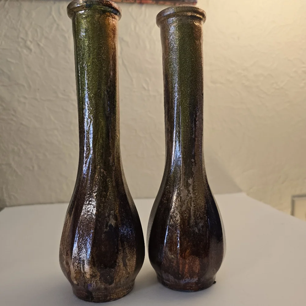 2 HANDCRAFTED Upcycled Glass Vases Brown & Copper HANDPAINTED Tabletop Art Decor